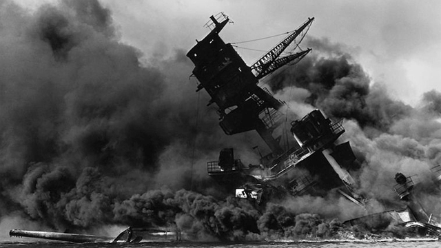 USS Arizona burning after japanese attack